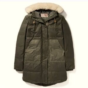 Filson olive green rugged goose down parka shearling collar snow jacket XL